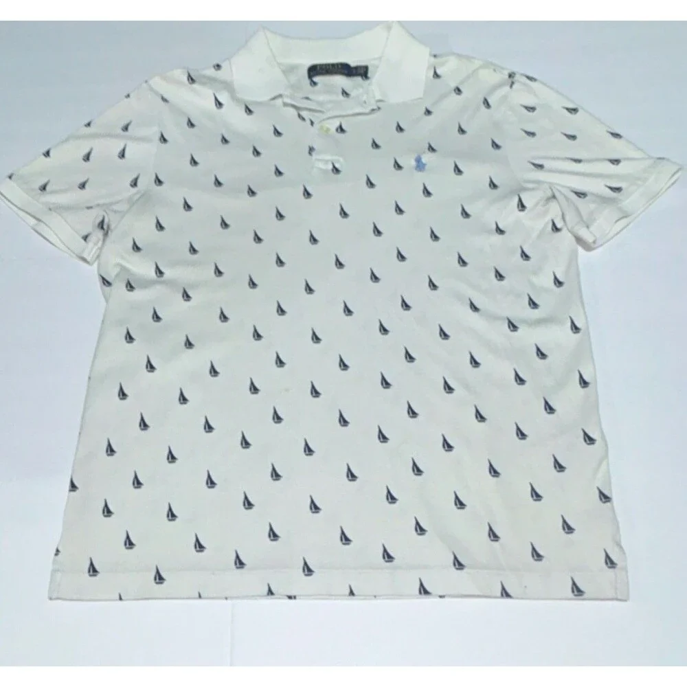 Polo Ralph Lauren Men’s L White/Blue Nautical Sailboat Print Short Sleeve Polo